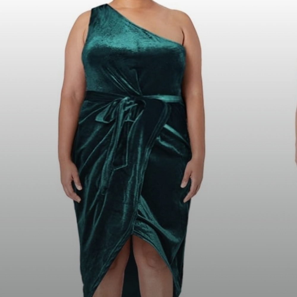 Merokeety Women's Emerald One Shoulder Velvet Wrap Slit Midi Dress NWT Size L - Picture 3 of 15